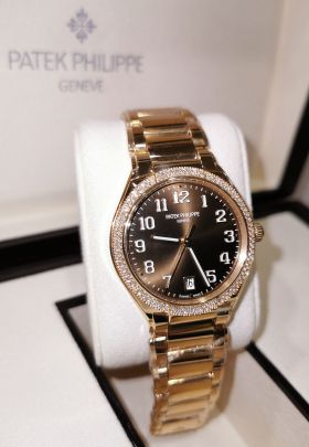 LNIB 2019 Patek Philippe 36mm Lady Twenty-4 Ref.7300/1200R-001 automatic date in 18KPG brown dial & Diamonds