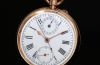 C.1900s Anonymous 46mm Swiss Open Face Single-button Chronograph White enamel dial Roman numerals 2 registers in 14KPG