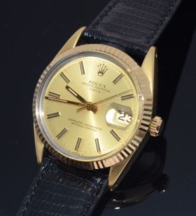 C.1983 vintage Rolex 34mm Ref.15505 Oyster Perpetual "Date" Chronometer automatic in yellow gold shell & 14KYG fluted bezel