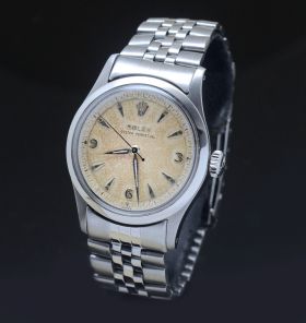 C.1950s Rare Rolex Oyster Perpetual 34mm Semi-Bubbleback Ref.6332 with Explorer style dial and an unusual 3pc Steel case