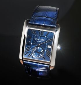 2020 Cartier Tank MC WSTA0010 Calibre automatic date Blue Flinqué dial with Roman nos in Steel