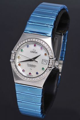 Omega, "Constellation" auto/date in steel with diamonds & coloured stones