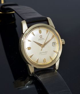 C.1958 Omega, 34.5mm Seamaster Calendar 2849SC automatic Cal.503 in 3pc 14KYG case & orig strap