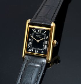 C.1980s Cartier Lady's "Tank Must de Cartier Vermeil" mechanical manual winding watch in 925 Silver case & Yellow Gold plated