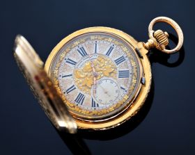 C.1870s Girard Perregaux, Chaux-de-Fonds 57mm Hunter drum cased pocket watch with Pivoted detent Chronometer in heavy 18KPG