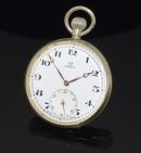 C.1943 Omega 48mm Open face Pocket watch with white enamel dial in Nickel alloy case