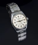 C.1957 Rolex 34mm Ref.6565 Oyster Perpetual Chronometer Explorer dial in Steel with engine turned bezel. Box