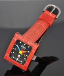 NOS Alain Silberstein, "Pavé smileday" Limited edition of 250pcs automatic date in red alligator leather wrapped over steel. B&P